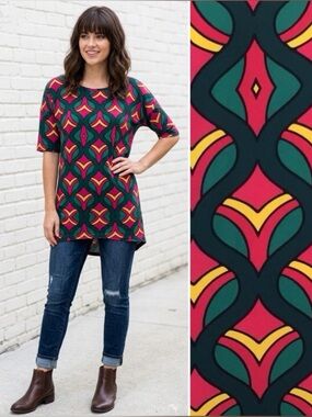 LuLaRoe Women's Small Irma Stretchy Green Pink Yellow High Low Tunic Top Shirt